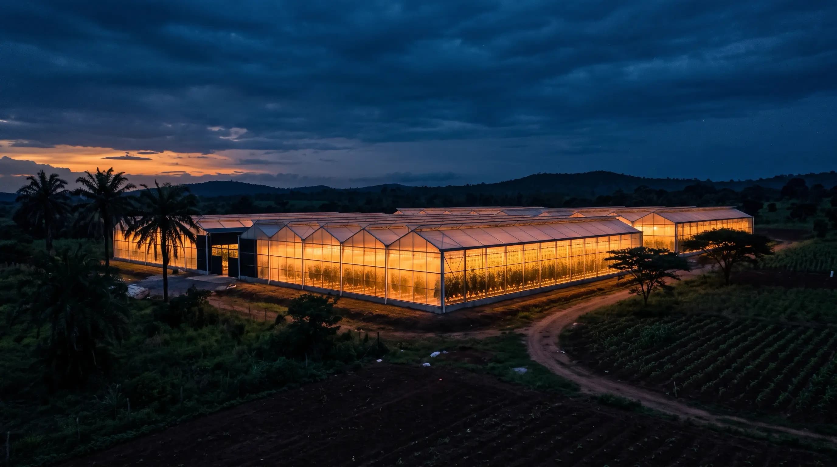 Commercial greenhouse complex glowing at dusk